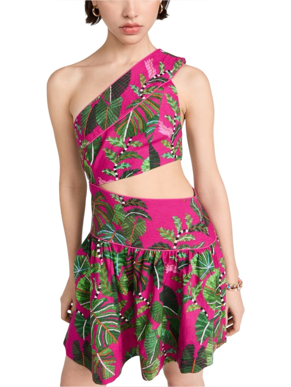 Farm Rio Leaves Green Pink Mini Dress Asymmetrical Cutout Tropical Vacation S